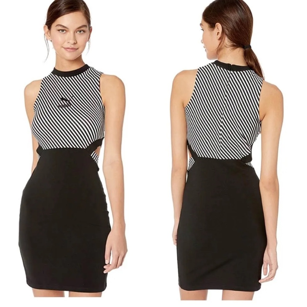 New Puma Clash AOP Black and White Striped Athletic Dress